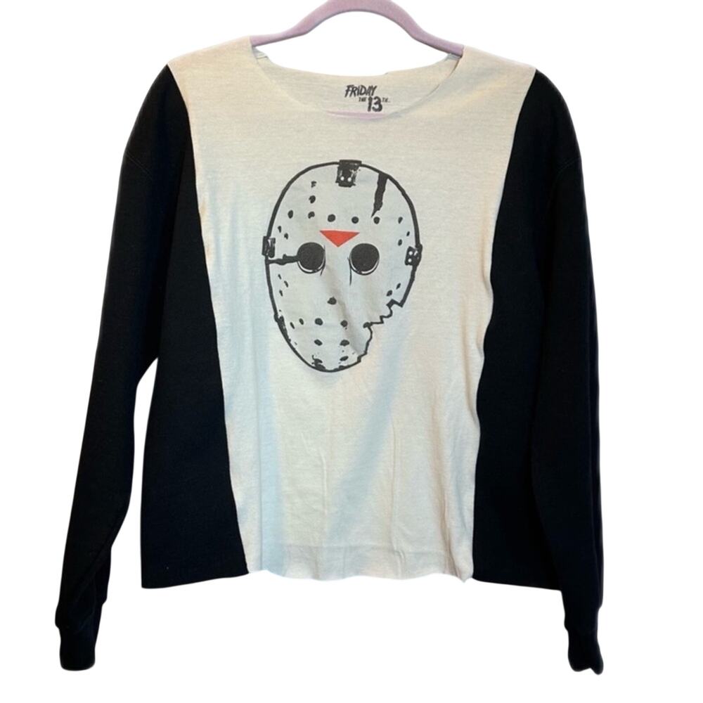 Friday the 13th up cycle Tee shirt with sweatshirt sides raw hem hockey mask